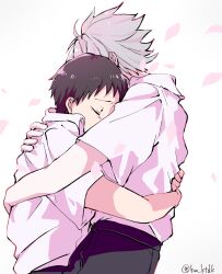 2boys black_hair black_pants closed_eyes collared_shirt commentary_request falling_petals grey_hair highres hug ikari_shinji male_focus multiple_boys nagisa_kaworu neon_genesis_evangelion pants petals school_uniform shirt short_sleeves twe_111 twitter_username white_shirt yaoi