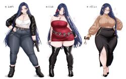 1girl anklet aqua_eyes bag belt black_boots black_gloves black_hair black_hairband black_shoes black_skirt blue_eyes blue_hair boots bracelet braid breasts brown_sweater camisole cat_ornament cellphone chain chain_belt choker cleavage covered_navel cross cross_necklace denim dress earrings english_text fingerless_gloves fingernails flower frown glasses gloves gun hair_flower hair_ornament hair_over_shoulder hair_ribbon hair_tie hairband hand_on_own_hip handbag handgun heart heart_necklace high-waist_pants high_heels highres holding holding_gun holding_phone holding_weapon hoop_earrings jacket jeans jewelry large_breasts leather leather_jacket lips long_fingernails long_hair long_skirt multiple_views necklace open_clothes open_jacket original pants phone pistol plump red_dress red_nails red_ribbon ribbon ring rose rose_ring shirt shoes single_braid skirt sleeveless sleeveless_dress smartphone smile solo standing strapless strapless_dress sweater thick_thighs thigh_boots thighhighs thighs tifa_(iluvei) very_long_hair weapon white_background white_shirt wide_hips zettai_ryouiki