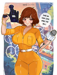 Rule 34 | 1girl, absurdres, april o&#039;neil, artist name, belt, belt buckle, blush, breast pocket, breasts, brown eyes, brown hair, buckle, camera, closed mouth, collarbone, commentary, cowboy shot, datli64, english text, hand up, highres, holding, holding camera, holding microphone, jumpsuit, large breasts, looking at viewer, microphone, narrow waist, pocket, reporter, short hair, sleeves pushed up, smile, solo, speech bubble, swept bangs, teenage mutant ninja turtles, tv camera, white belt, yellow jumpsuit, zipper pull tab