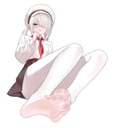 1girl absurdres bebetang black_survival blue_eyes blush brown_skirt buttons eternal_return:_black_survival eyepatch feet foot_focus hair_over_one_eye hand_up hat highres long_sleeves looking_at_viewer medical_eyepatch medium_hair neckerchief no_shoes open_mouth pantyhose red_neckerchief shirt short_twintails simple_background sissela_kyle sitting skirt soles solo toes twintails white_background white_hat white_pantyhose white_shirt