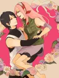 amr anbu barefoot black_hair couple flower green_eyes haruno_sakura jewelry long_hair nail_polish naruto_(series) naruto_shippuuden pink_hair ring sai