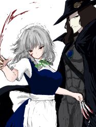 1boy 1girl :/ abs absurdres apron black_cape black_hair blood blood_splatter bloody_knife blue_dress bodysuit breasts cape closed_mouth d_(vampire_hunter_d) dress green_ribbon grey_bodysuit grey_hair hat highres holding holding_knife holding_weapon izayoi_sakuya knife large_breasts maid_headdress medium_hair moriforest1040 neck_ribbon red_eyes ribbon short_sleeves simple_background touhou vampire_hunter_d waist_apron weapon white_apron white_background