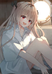 1girl :d absurdres ahoge atri atri-my_dear_moments- backlighting black_ribbon blush borrowed_clothes brown_hair collared_shirt commentary couch dress_shirt eyes_visible_through_hair feet_out_of_frame film_grain hair_between_eyes hair_intakes hair_over_shoulder hair_ribbon happy highres hugging_own_legs indoors knees_up light_particles light_rays long_hair looking_at_viewer naked_shirt nodoameyatou on_couch open_mouth oversized_clothes oversized_shirt own_hands_together red_eyes ribbon ship_interior shirt short_sleeves sitting smile solo steepled_fingers sunbeam sunlight teeth tsurime two_side_up upper_teeth_only very_long_hair white_shirt
