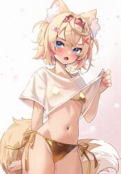 1girl alternate_costume animal_ear_fluff animal_ears bandaid bandaid_hair_ornament bikini bikini_under_clothes blonde_hair blue_eyes blush breasts clothes_lift commentary cowboy_shot crossed_bangs dog_ears dog_girl dog_tail double-parted_bangs fang gold_bikini golden_week hair_between_eyes hair_intakes hair_ornament hairband hairclip halterneck highres hololive hololive_english horn_hairband kuri_(animejpholic) looking_at_viewer mococo_abyssgard multicolored_hair nail_polish navel open_mouth pink_hair pink_hairband pink_nails see-through_clothes see-through_shirt shirt shirt_lift short_hair short_sleeves side-tie_bikini_bottom simple_background skin_fang small_breasts solo stomach streaked_hair swimsuit t-shirt tail two_side_up virtual_youtuber white_shirt x_hair_ornament