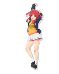 1girl full_body green_eyes hair_ribbon highres jacket looking_at_viewer miniskirt official_art open_mouth pleated_skirt red_hair ribbon skirt smile socks solo standing transparent_background wang_xue white_skirt world_dai_star yellow_ribbon