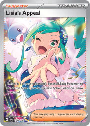 1girl ;d altaria aqua_eyes aqua_hair artist_name blush card_(medium) character_name company_name copyright_name copyright_notice earrings english_text gen_3_pokemon glint jewelry lisia_(pokemon) long_hair looking_at_viewer mega_stone midriff mochipuyo_(canvas_mochi) nintendo nobusawa_osamu official_art one_eye_closed open_mouth outstretched_arm pokemon pokemon_(creature) pokemon_card pokemon_oras pokemon_tcg ponytail reaching reaching_towards_viewer smile sweat third-party_source trading_card
