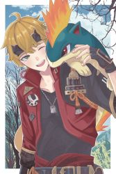 1boy black_gloves blonde_hair creatures_(company) crossover day dog_tags fake_horns fingerless_gloves fire game_freak gen_2_pokemon genshin_impact gloves green_eyes headband highres horned_headwear horns japanese_clothes male_focus nintendo on_shoulder one_eye_closed open_mouth outdoors pokemon pokemon_(creature) pokemon_on_shoulder quilava red_eyes shiba_(tonari_no_shiba_inu) sky tassel thoma_(genshin_impact) upper_body