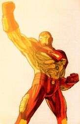 1boy arm_up armor bengus capcom clenched_hands full_armor game_cg helmet highres iron_man iron_man_(series) male_focus marvel marvel_vs._capcom marvel_vs._capcom_2 multicolored_armor non-web_source power_armor red_armor scan sidelighting simple_background solo superhero_costume yellow_armor