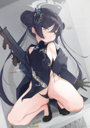 1girl absurdres black_dress black_gloves black_hair blue_archive breasts bullet butterfly_hair_ornament china_dress chinese_clothes coat commentary_request cs/ls06 double_bun dragon_print dress gloves grey_coat grey_halo gun hair_bun hair_ornament halo helical_magazine high-capacity_magazine highres kisaki_(blue_archive) kneeling loli long_hair semisweet sleeveless sleeveless_dress small_breasts solo striped_coat submachine_gun suppressor thong twintails underwear vertical-striped_coat weapon