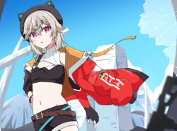 Rule 34 | 1girl, absurdres, animal hat, belt, black hat, black shorts, blonde hair, brown belt, cat hat, commentary request, cropped jacket, facial mark, fingerless gloves, gloves, hair ornament, hairclip, hat, highres, jacket, komori met, komori met (5th costume), navel, open clothes, open jacket, open mouth, orange eyes, outdoors, shorts, solo, suika (suica icesoda), virtual youtuber, vspo!