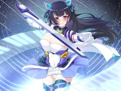 1girl absurdres alternate_costume bang_dream! black_hair blunt_bangs blush boots breasts cape cleavage closed_mouth commission cosplay covered_navel cowboy_shot dress elbow_gloves exs-tia_(kouyoku_senki_exs-tia_3) floating_hair gloves hair_ornament highres holding holding_sword holding_weapon inuko_inudog kouyoku_senki_exs-tia large_breasts long_hair looking_at_viewer outstretched_arm panties pantyshot purple_eyes shirokane_rinko skeb_commission skirt sky smile solo standing star_(sky) starry_sky sword thighhighs underwear weapon white_gloves white_panties wind