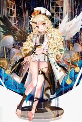 1girl absurdres aiu_. asymmetrical_wings bare_legs barefoot black_horns black_wings blonde_hair character_request copyright_request drill_hair fang feathered_wings heterochromia highres horns long_hair mismatched_wings open_mouth pointy_ears revision shorts single_horn skin_fang soles solo stirrup_legwear toeless_legwear toes wings