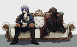 2boys aqua_shirt arms_on_knees black_boots black_gloves blue_eyes blue_hair blue_jacket boots brown_hair buttons cape commentary_request couch covering_face cube double-breasted dragon_quest dragon_quest_x gloves green_sleeves grey_background hair_over_one_eye hero&#039;s_sibling_(dq10) highres jacket knees_to_chest multiple_boys on_couch orange_pants pants profile quad_(dq10) red_cape red_pants sato_sio_(si00x) shirt short_hair sitting white_background