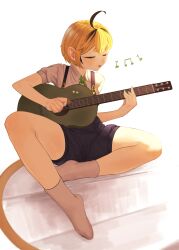 1girl absurdres ahoge blonde_hair blue_overalls closed_eyes dooby_(vtuber) green_nails guitar highres holding holding_instrument instrument kgi_illus multicolored_hair music musical_note nail_polish overalls playing_instrument shirt singing sitting socks solo streaked_hair striped_overalls tail thick_eyebrows thick_thighs thighs white_shirt white_socks yellow_tail