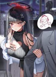 Rule 34 | 1boy, 1girl, absurdres, alternate costume, bare shoulders, black hair, blue archive, blunt bangs, blush, breasts, bright pupils, building, cleavage, cleavage cutout, closed mouth, clothing cutout, doodle sensei (blue archive), dress, formal clothes, hair ornament, hairclip, hairpin, halo, hashtag-only commentary, heart cutout, highres, holding another&#039;s arm, hsxxx, large breasts, long hair, looking at another, multicolored halo, off shoulder, paper on head, red eyes, red nails, ribbed dress, ringed eyes, rio (blue archive), sensei (blue archive), shirt, short dress, sleeveless, sleeveless dress, solo focus, speech bubble, suit, turtleneck, turtleneck dress, two-tone halo, very long hair, white shirt