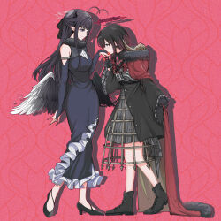 2girls absurdres artist_request awa_subaru black_boots black_coat black_dress black_gloves black_hair black_nails black_ribbon black_shoes boots cape closed_mouth coat commentary_request commission demon_horns dress feathered_wings fingernails fur-trimmed_cape fur_trim girls_band_cry gloves gradient_hair hair_ribbon halo high_heels highres horns iseri_nina kiss kissing_hand long_fingernails long_hair low_wings magic multicolored_hair multiple_girls pointy_ears purple_eyes red_brooch red_cape red_hair ribbon second-party_source shadow shoes smile wings yuri