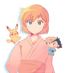 1boy 1girl :o alternate_costume ash_ketchum asymmetrical_hair black_hair blonde_hair blush chibi closed_mouth eyelashes gen_1_pokemon green_eyes gym_leader highres japanese_clothes kimono looking_at_viewer misty_(pokemon) nintendo open_mouth orange_hair pikachu pink_kimono pokemon pokemon_(anime) pokemon_(classic_anime) pokemon_rgby ponytail robe sash shirt short_hair side_ponytail smile