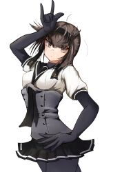 1girl absurdres ahoge black_bodysuit black_sailor_collar bodysuit breasts brown_eyes brown_hair corset cowboy_shot hachimaki hatsuzuki_(kancolle) headband highres kantai_collection looking_at_viewer medium_breasts pleated_skirt puffy_short_sleeves puffy_sleeves sailor_collar short_sleeves skirt solo tastas