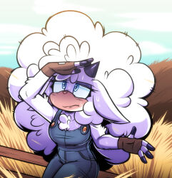 Rule 34 | animal ears, animal nose, blue eyes, blue overalls, blue sky, breasts, cloud, exhausted, fence, fingerless gloves, gloves, grass, hair between eyes, highres, horns, kibichi, lanolin the sheep, large breasts, long hair, looking at viewer, outdoors, overalls, painting (medium), sega, sheep, sheep ears, sheep girl, sheep horns, sheep tail, sitting, sky, sonic (series), sweat, sweatdrop, tail, tired eyes, traditional media, very long hair, wheat, wheat field, white fur, wooden fence, wool
