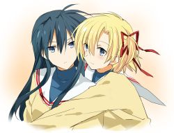 Rule 34 | 00s, 2girls, blonde hair, blue eyes, blue hair, clannad, gender request, genderswap, highres, long hair, multiple girls, o.z. (okome1026okome), okazaki tomomi, okazaki tomoya, school uniform, short hair, side ponytail, sunohara youhei, sunohara youko