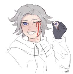 Rule 34 | 1boy, aotsuki eito, bleeding, blood, bloody tears, eyeball, eyebrows, glasses, grey hair, grin, holding eyeball, looking at viewer, male focus, one eye closed, removed eye, simple background, smile, solo, solo focus, teeth, the hundred line -last defense academy-, upper body, white background