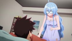 1boy 1girl ahoge animated anime_screenshot ass bedroom black_hair blue_camisole blue_eyes blue_hair blush breast_press breasts brown_eyes camisole cleavage collarbone denim denim_shorts frilled_camisole frills girl_on_top glasses highres indoors lips long_hair medium_breasts off_shoulder pants shirt shiunji-ke_no_kodomotachi shiunji_arata shiunji_seiha shorts socks sound tagme video white_socks