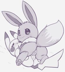 2girls :&lt; animal_focus animal_sexualization anus ass cleft_of_venus closed_mouth eevee fang female_focus from_behind full_body gen_1_pokemon grey_background greyscale happy kekitopu looking_at_viewer looking_back lying monochrome multiple_girls nervous nintendo no_humans on_back on_stomach open_mouth pikachu pokemon pokemon_(creature) pussy pussy_sandwich raised_eyebrows simple_background sketch skin_fang smile yuri