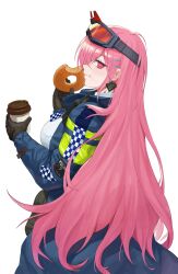 1girl absurdres ascot belt belt_pouch black_belt black_gloves blue_ascot blue_jacket breasts checkered_ascot closed_mouth commentary cowboy_shot cup disposable_coffee_cup disposable_cup donut earrings eating eyewear_on_head food from_side girls&#039;_frontline gloves hair_between_eyes hair_ornament hairclip highres holding holding_cup holding_donut holding_food jacket jewelry large_breasts long_hair looking_at_viewer mole mole_under_eye neck_tattoo open_clothes open_jacket pink_hair police police_uniform pouch profile red_eyes safety_glasses sanj shirt sidelocks sig_mcx_(girls&#039;_frontline) simple_background solo spade_(shape) spade_earrings tattoo walkie-talkie white_background white_shirt