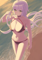 1girl azashiro_kp bare_shoulders beach bikini black_bikini breasts choker cleavage fate/grand_order fate_(series) grey_hair highres jeanne_d&#039;arc_alter_(fate) jeanne_d&#039;arc_alter_(swimsuit_berserker)_(fate) large_breasts long_hair looking_at_viewer navel o-ring shore solo swimsuit thighs very_long_hair yellow_eyes