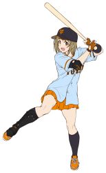 1girl :d baseball_bat baseball_cap baseball_jersey batting_stance blue_shirt brown_eyes brown_hair elbow_pads female_focus full_body gloves hat holding holding_baseball_bat idolmaster idolmaster_cinderella_girls jersey looking_at_viewer mimura_kanako nigou nippon_professional_baseball open_mouth orange_gloves orange_shoes orange_skirt pleated_skirt shin_guards shirt shoes short_hair simple_background skirt smile solo white_background yomiuri_giants