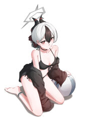 1girl absurdres alternate_costume alternate_hairstyle ball barefoot beachball bikini black_bikini black_choker black_hair black_horns blue_archive breasts bright_pupils choker collarbone commentary demon_horns grey_halo hair_between_eyes hair_up halo highres hit_by_hit horns kayoko_(blue_archive) kneeling looking_at_viewer mole mole_on_collarbone multicolored_hair off_shoulder red_eyes simple_background solo swimsuit thighs two-tone_hair white_background white_hair white_pupils
