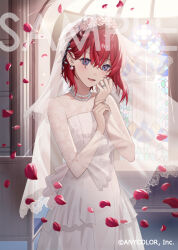 1girl ange_katrina blush bridal_veil bride church collarbone commentary_request copyright_notice cowboy_shot crossed_bangs dolustoy dress falling_petals flat_chest floral_dress floral_print_dress flower hair_behind_ear hair_between_eyes hair_flower hair_intakes hair_ornament hand_on_own_cheek hand_on_own_face hands_up holding_own_wrist indoors jewelry lace lips looking_at_viewer multiple_necklaces necklace nijisanji official_alternate_costume official_art open_mouth pearl_necklace petals pink_flower pink_rose print_dress purple_eyes red_hair red_petals ring rose sample_watermark see-through_clothes see-through_sleeves short_hair silver_ring smile solo stained_glass veil virtual_youtuber watermark wedding_dress wedding_ring white_dress white_veil window