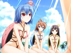 Rule 34 | 1990s (style), 3girls, bdsm, beach, black hair, blue eyes, blue hair, bondage, bound, brown eyes, brown hair, highres, multiple girls, pia carrot (series), pia carrot e youkoso!!, pia carrot e youkoso!! 4, red eyes, shibari, shibarikini, swimsuit