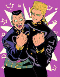 Rule 34 | 2boys, arrow earrings, blonde hair, clenched hand, commentary, diamond wa kudakenai, dollar sign, flattop, gakuran, highres, jojo no kimyou na bouken, long hair, multiple boys, nijimura keicho, nijimura okuyasu, oniyama831, school uniform, yen sign