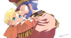 2boys beard blonde_hair blue_eyes blue_hair claude_c._kenny closed_mouth facial_hair father_and_son hat highres male_focus military_uniform multiple_boys ronyx_j._kenny shiohi simple_background smile star_ocean star_ocean_the_second_story white_background