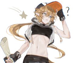 1girl ? absurdres adjusting_clothes adjusting_headwear alternate_hair_length alternate_hairstyle aotu_world arm_up bare_arms bare_shoulders baseball_cap black_gloves black_hat black_shirt blonde_hair blue_eyes breasts chinese_commentary closed_mouth crop_top cropped_vest drawstring fingerless_gloves from_below genderswap genderswap_(mtf) gloves hair_between_eyes hand_on_headwear hat highres holding holding_paper hood hooded_vest hoodie jacket junge914 king_(aotu_world) long_hair looking_to_the_side low_ponytail medium_breasts midriff navel open_clothes paper parted_lips pointy_ears ponytail shirt simple_background solo star_(symbol) stomach turtleneck upper_body very_long_hair vest white_background white_vest