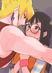 Rule 34 | 1boy, 1girl, bare shoulders, black eyes, black hair, blonde hair, blush, carly nagisa, couple, earrings, glasses, grey background, hetero, highres, ishinonono, jack atlas, jewelry, looking at another, orange vest, purple eyes, round eyewear, simple background, upper body, vest, yu-gi-oh!, yu-gi-oh! 5d&#039;s