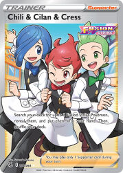 3boys :d ;d apron artist_name black_pants black_vest blue_bow blue_bowtie blue_eyes blue_hair bow bowtie brothers brown_shoes card_(medium) character_name chili_(pokemon) cilan_(pokemon) company_name copyright_name copyright_notice cress_(pokemon) english_text green_bow green_bowtie green_eyes green_hair hair_over_one_eye locked_arms long_sleeves lower_teeth_only male_focus multiple_boys nintendo no_sclera official_art one_eye_closed open_mouth pants pokemon pokemon_bw pokemon_card pokemon_tcg red_bow red_bowtie red_eyes red_hair sakuma_sanosuke shirt shoes short_hair siblings smile standing standing_on_one_leg teeth third-party_source trading_card triplets vest white_apron white_shirt
