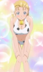 Rule 34 | 1girl, animal print, anime screenshot, bare shoulders, bikini, blonde hair, blue eyes, breasts, cleavage, closed mouth, collarbone, cow print, cow print bikini, female focus, furinji miu, hand on own knee, large breasts, leaning forward, looking at viewer, navel, print bikini, shijou saikyou no deshi ken&#039;ichi, smile, solo, swimsuit, thighs