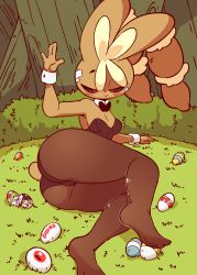 1girl animal_ears animated animated_gif arm_support artist_name ass ass_grab bandages bare_shoulders black_bow black_bowtie black_leotard black_pantyhose black_sclera blush bow bowtie breasts bush cameltoe chestnut_mouth cleavage closed_mouth colored_sclera creatures_(company) detached_collar diives easter easter_egg egg english_text fake_animal_ears female_focus full_body furry furry_female game_freak gen_3_pokemon gen_4_pokemon grass green_background half-closed_eyes hand_up happy heart highres huge_ass kirlia leotard looking_at_viewer lopunny lying mawile medium_breasts mega_lopunny mega_pokemon motion_lines nintendo on_side open_mouth outdoors pantyhose patreon_logo patreon_username playboy_bunny pokemon pokemon_(creature) presenting rabbit_ears rabbit_tail red_eyes signature smile solo spanking speech_bubble spoken_heart strapless strapless_leotard tail tail_wagging talking teeth text_focus tree wrist_cuffs