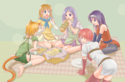 5girls animal_ears armor bad_id bad_pixiv_id barefoot blush cape cat_ears eating elbow_gloves feet fire_emblem fire_emblem:_path_of_radiance food fransowa_s gloves hairband ilyana_(fire_emblem) laguz_(race) lethe_(fire_emblem) long_hair low-tied_long_hair marcia_(fire_emblem) mia_(fire_emblem) mist_(fire_emblem) multiple_girls nintendo orange_hair picnic purple_eyes purple_hair sandwich short_hair shorts side_slit side_slit_shorts sitting suzuki_furansowa thighhighs