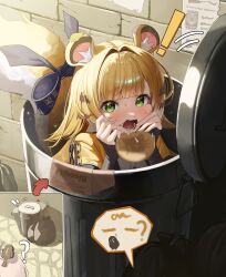 2girls absurdres animal animal_ear_fluff animal_ears animal_on_head bird bird_on_head black_bird black_sleeves blonde_hair blue_bow blush bow bread character_request commentary_request food green_eyes highres in_container in_trash_can jacket ju_fufu multiple_girls on_head open_mouth pink_hair sagatin shirt sleeves_past_wrists tail tail_bow tail_ornament tiger_ears tiger_girl tiger_tail trash_can white_shirt yellow_jacket zenless_zone_zero