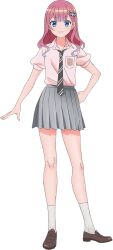 1girl ankle_socks black_necktie blue_eyes bow braid center-flap_bangs closed_mouth collared_shirt diagonal-striped_clothes diagonal-striped_necktie emblem full_body grey_skirt hair_bow hand_on_own_hip loafers long_hair looking_at_viewer miniskirt necktie official_art pink_hair pink_shirt pleated_skirt school_emblem school_uniform shade shirt shoes short_sleeves side_braid simple_background skirt smile socks solo striped_clothes tachi-e transparent_background umezawa_makina watari-kun_no_xx_ga_houkai_sunzen wavy_hair white_socks