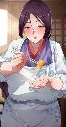1girl absurdres apron braid braided_ponytail breasts chopsticks fate/grand_order fate_(series) food highres kappougi large_breasts long_hair long_sleeves looking_at_viewer mimikaki minamoto_no_raikou_(fate) minamoto_no_raikou_(stitching_for_your_beloved_one)_(fate) open_mouth parted_bangs purple_eyes purple_hair single_braid solo sso_001 very_long_hair