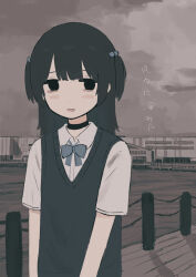 Rule 34 | 1girl, :d, arms at sides, beads, black choker, black eyes, black hair, black sweater vest, blue bow, blue bowtie, blush, bow, bowtie, building, choker, collared shirt, day, dot nose, grey sky, hair beads, hair ornament, harbor, highres, jitome, long bangs, long hair, looking at viewer, no pupils, open mouth, original, outdoors, overcast, rope fence, school uniform, shirt, short sleeves, sidelocks, sky, smile, solo, sweater vest, toyono saki, translation request, two side up, upper body, water, white shirt