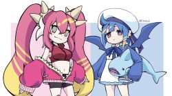 Rule 34 | 2girls, 3zukie, ahoge, blue bow, blue hair, blue jacket, blush, bow, breasts, closed mouth, crop top, demon girl, demon wings, dress, duel monster, earrings, green eyes, hair between eyes, hair ornament, hat, highres, jacket, jewelry, ki-sikil (yu-gi-oh!), lil-la (yu-gi-oh!), live twin ki-sikil, live twin lil-la, long hair, looking at viewer, medium breasts, midriff, multiple girls, navel, open clothes, open jacket, pink hair, pink jacket, pink nails, purple eyes, short hair, short shorts, shorts, spiked hair ornament, stomach, stuffed animal, stuffed shark, stuffed toy, twintails, twitter username, white dress, white hat, wings, yu-gi-oh!