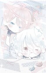 1boy 1girl ahoge animal_ears blush cat_ears closed_mouth ear_piercing eyelashes glasses halo heart highres looking_at_viewer one_eye_closed original piercing pink_hair round_eyewear short_hair thk_41 tongue tongue_out upper_body zipper_pull_tab