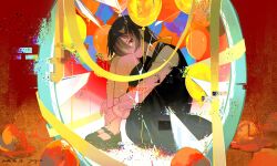 1girl abstract_background absurdres apricot_(fruit) apricot_(vocaloid) balloon black_dress black_eyes black_hair black_shoes chinese_commentary closed_mouth commentary_request crack cracked_glass dated dress expressionless full_body glitch hair_over_shoulder hair_ribbon head_on_knees highres hugging_own_legs iyowa_girls jiyuuu_(liye8049) long_hair long_sleeves looking_at_viewer looking_to_the_side low_twintails mary_janes mirror pinafore_dress red_background ribbon riko_(iyowa) shirt shoes signature sitting sleeveless sleeveless_dress solo song_name twintails white_shirt yellow_ribbon