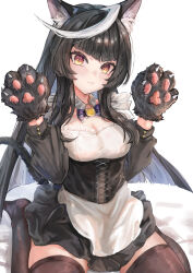 1girl absurdres ahoge alternate_animal_ears alternate_costume animal_ear_fluff animal_ears animal_hands black_corset black_hair black_thighhighs bow bowtie breasts calstone_light_o_(umamusume) cat_ears cat_tail cleavage closed_mouth commentary_request corset dress enmaided frilled_dress frills gloves hair_between_eyes highres long_hair looking_at_viewer maid medium_breasts multicolored_hair on_ground paw_gloves purple_bow purple_bowtie sidelocks simple_background sitting solo streaked_hair tail thighhighs umamusume wariza white_background white_hair x_1031_xter yellow_eyes