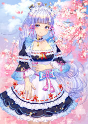 1girl absurdres alternate_costume apron ascot ayaka_(genshin_impact) blue_apron blue_dress blue_eyes blue_hair blue_sky blush bow breasts cherry_blossoms chinese_commentary chinese_knot cleavage cloud collar commentary_request cowboy_shot dress enmaided falling_petals genshin_impact gradient_ascot hand_on_own_stomach highres light_blue_hair long_hair long_sleeves looking_at_viewer maid maid_apron maid_headdress medium_breasts petals pink_bow ponytail sky smile solo tassel white_apron white_collar wuyinlou